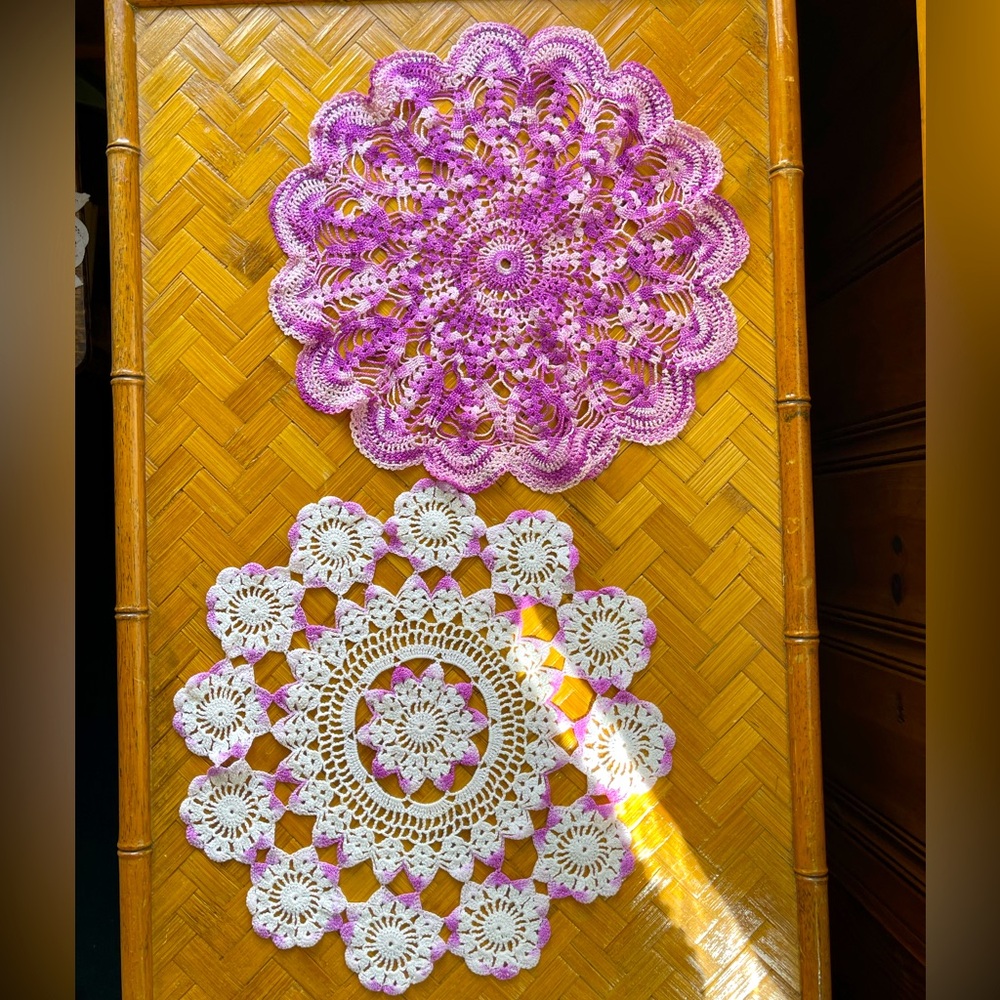 Two vintage doilies handmade purple/white gorgeous!
